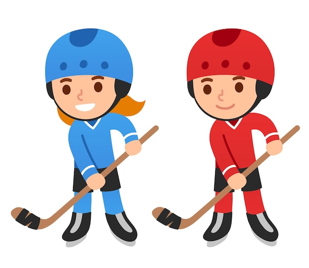 Joueurs De Hockey De Dessin Animé Mignon Garçon Et Fille Illustration Vectorielle Isolée