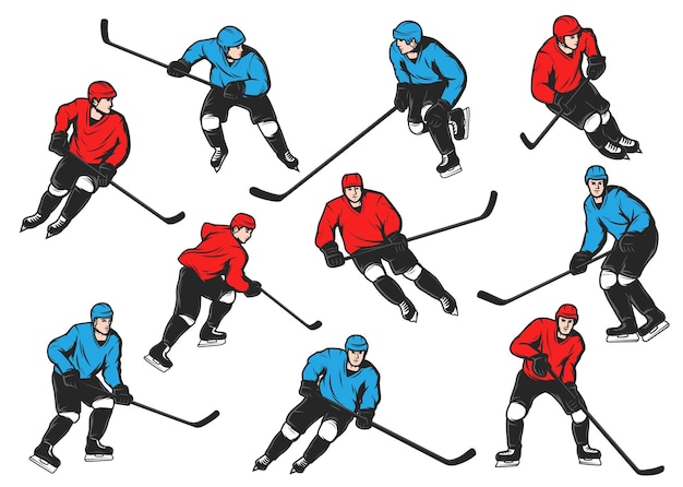 Joueurs De Hockey Sur Glace Avec Bâtons, Rondelles, Patins. Joueurs Isolés De L'équipe De Hockey Sur Glace