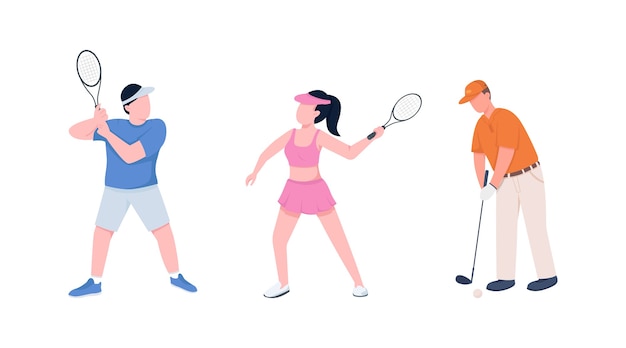 Joueurs de tennis couple jeu de caractères sans visage couleur plat. Sportif et sportif avec des raquettes. Illustration de dessin animé isolé sport pour la conception graphique web et la collection d'animation