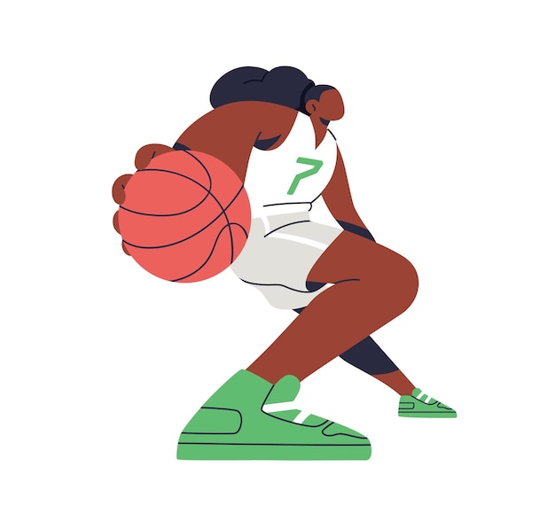 Vecteur joueuse avec une balle de basket-ball dans les mains athlète noire jouant à un jeu sportif sportive professionnelle en uniforme action de mouvement illustration vectorielle plate isolée sur fond blanc