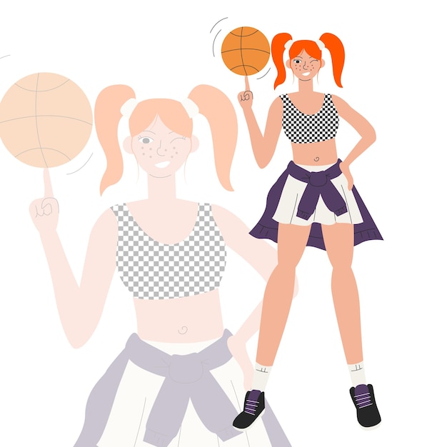 Joueuse de basket-ball tourbillonnant balle sur le doigt Jeune femme rousse avec des taches de rousseur tenant la balle