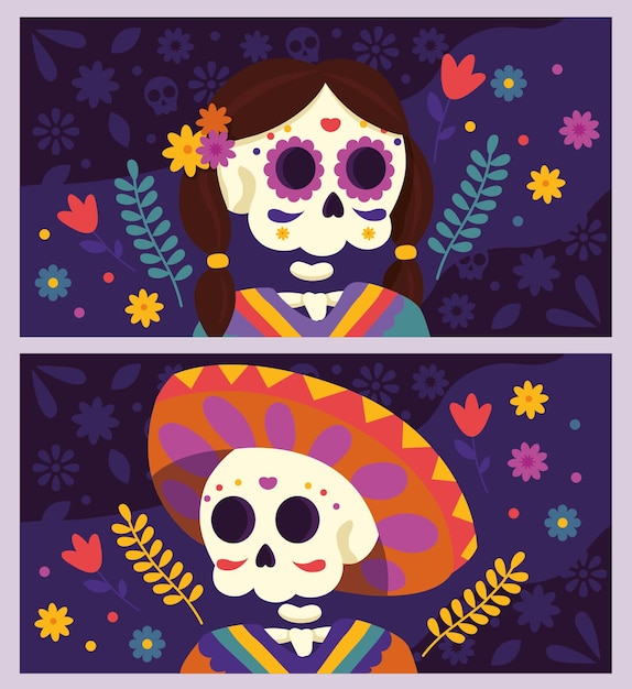 Vecteur jour de la bannière morte, crâne de femme et crâne d'homme, illustration mexicaine avec des décorations colorées