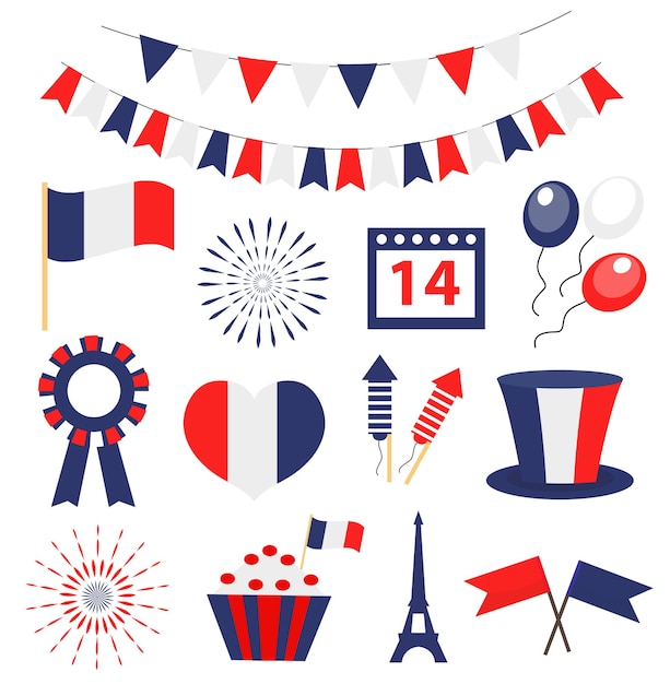 Jour De La Bastille, Jeu D'icônes De La Fête Nationale De La France. Illustration Vectorielle.