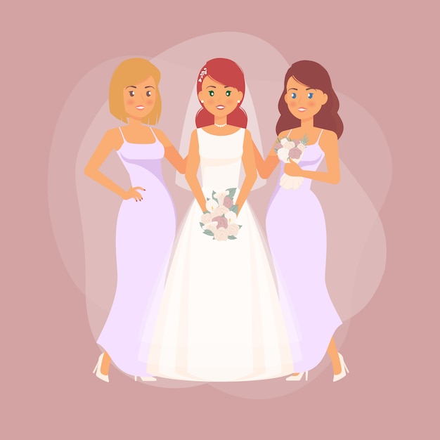 Vecteur jour du mariage - mariée et demoiselles d'honneur posant illustration