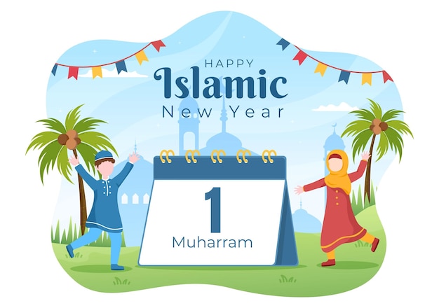Jour Du Nouvel An Islamique Ou 1 Muharram Vector Background Illustration De La Famille Musulmane Célébrant