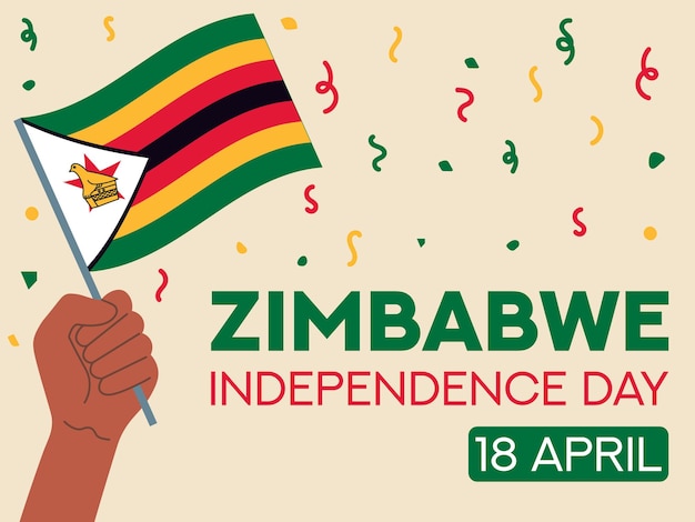 Vecteur jour de l'indépendance du zimbabwe 18 avril: drapeau du zimbabwe à la main, carte de vœux, affiche, modèle de bannière.