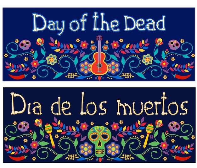 Jour Des Morts Bannières Dia De Los Muertos Avec Des Fleurs Mexicaines Colorées Affiches De Vacances Fiesta
