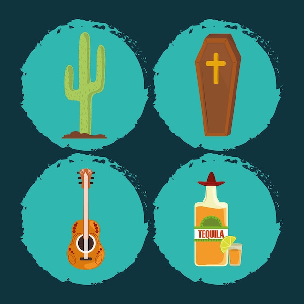 Jour Des Morts, Bouteille De Tequila Guitare Cercueil Et Icônes De Cactus Célébration Mexicaine Illustration Vectorielle