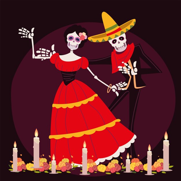 Jour Des Morts, Catrina Et Squelette Avec Costume Fête Mexicaine