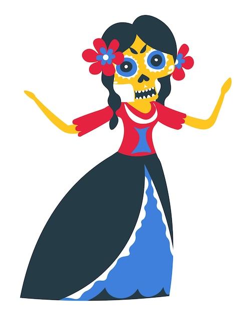 Jour Des Morts, Danses Traditionnelles Mexicaines Et Tenue De Femmes. Personnage Féminin Isolé En Robe Ayant Un Crâne, Des Ornements Et Des Fleurs Dans Les Cheveux. Traditions Et Culture, Vecteur à Plat