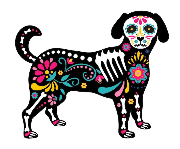 Jour Des Morts Dia De Los Muertos Crâne Et Squelette D'animaux Décorés D'éléments Mexicains Colorés