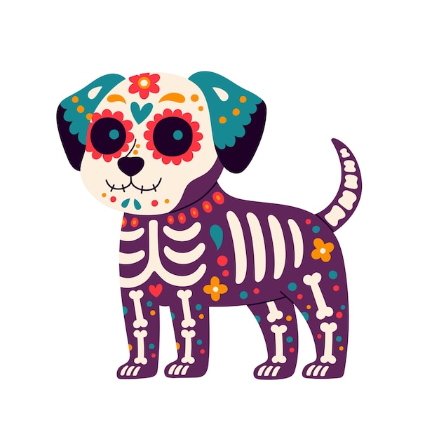 Vecteur jour des morts dia de los muertos crâne et squelette de chien décorés d'éléments mexicains colorés