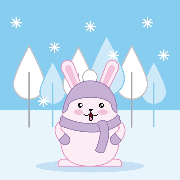 Vecteur jour de pâques kawaii hiver flocons de neige jour froid lapin avec écharpe