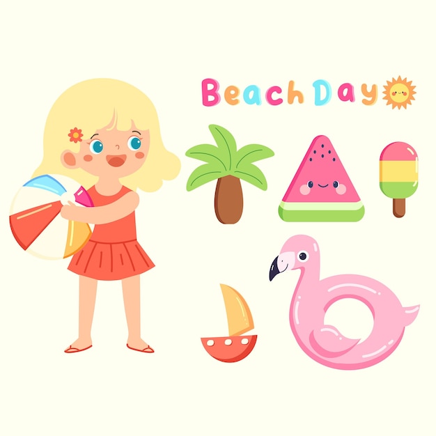 Jour de plage Cute illustration vectorielle dessinée à la main Happy Girl Summer Kids Clip Art