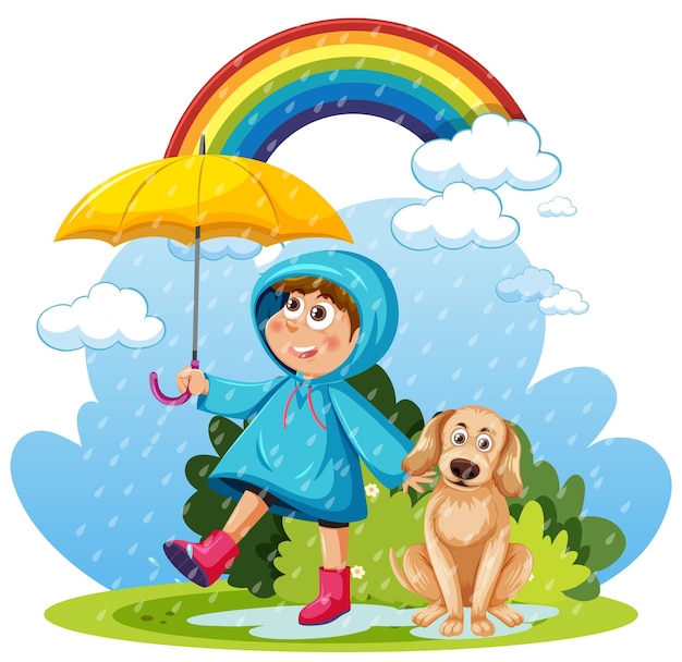 Jour de pluie avec une fille en imperméable et un chien