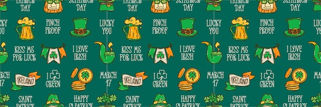 Vecteur le jour de saint-patrick, arrière-plan sans couture, icônes de fêtes irlandaises dessinées à la main, symboles et éléments