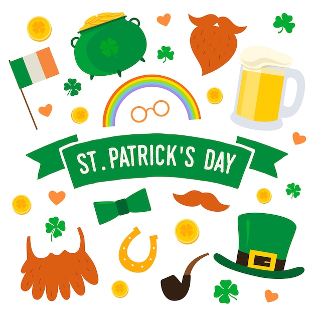 Vecteur le jour de la saint-patrick. définir les éléments traditionnels: chapeau, pot d'or, pipe à fumée, drapeau de l'irlande, fer à cheval, trèfle, barbe, moustache, pinte de bière.