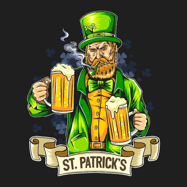 Jour De La Saint-patrick Fumer Barbe Homme Tenant Deux Grandes Bières