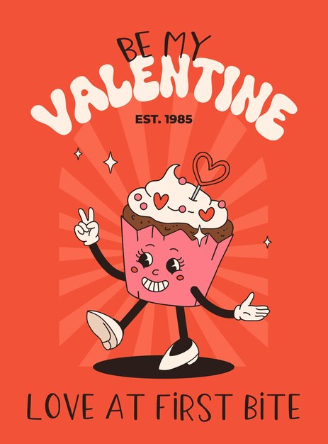 Jour de la Saint-Valentin ensemble de personnages vintage drôles heureux et joyeux rétro vieille animation des années 60 années 70 personnages de dessins animés groovy du café et des bonbons donut cupcake espresso latte cacao gâteau présent