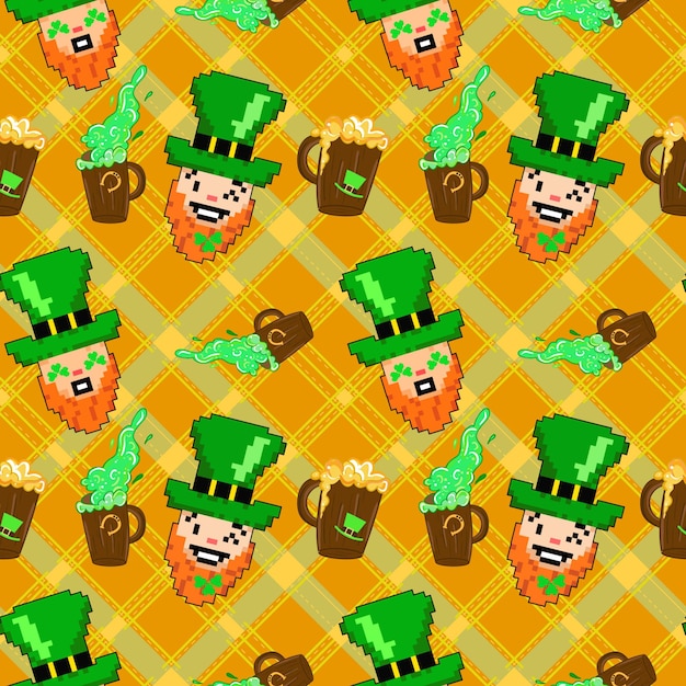 Le Jour De St. Patrick, Un Motif Homogène Avec De Mignons Drôles Et Des Tasses De Bière Sur Fond De Tartan.