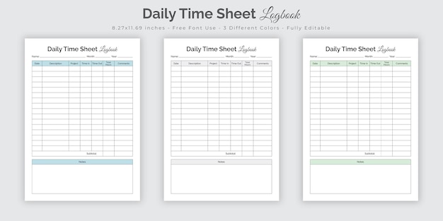 Journal De Bord De La Feuille De Temps Quotidienne Et Intérieur Du Carnet De Journal Du Planificateur De Suivi De La Gestion Des Horaires D'affaires