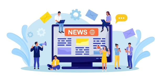Journal ou journal sur écran d'ordinateur. Personnes lisant un magazine d'actualités mondiales sur un appareil numérique. Concept d'entreprise de médias en ligne. L'homme et la femme annoncent des nouvelles par mégaphone
