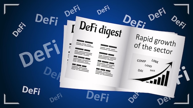 Vecteur journal avec des nouvelles sur le marché en croissance avec la finance décentralisée defi sur un fond bleu foncé, le texte blanc defi est dispersé de manière chaotique vecteur eps10
