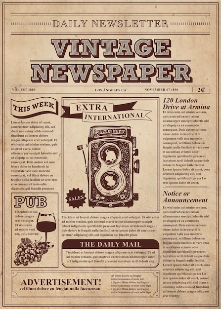 Vecteur journal vintage avec appareil photo et vin