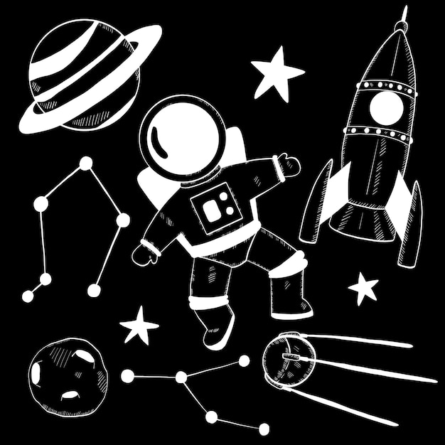 Journée de l'astronautique Cosmonaute dans l'espace extra-atmosphérique sur fond d'étoiles des planètes-fusées Une image de style de ligne simple sur fond noir