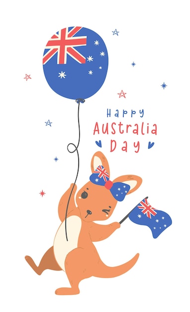 Journée de l'Australie avec un adorable bébé kangourou animal de dessin animé avec un drapeau de ballons
