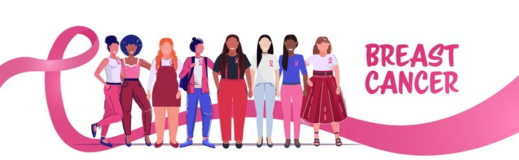 Vecteur journée du cancer du sein groupe diversifié de femmes de race mixte avec ruban rose debout ensemble sensibilisation et prévention des maladies