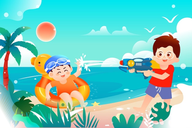 Journée des enfants enfants jouant au bord de la plage avec la mer et les plantes en arrière-plan vecteur