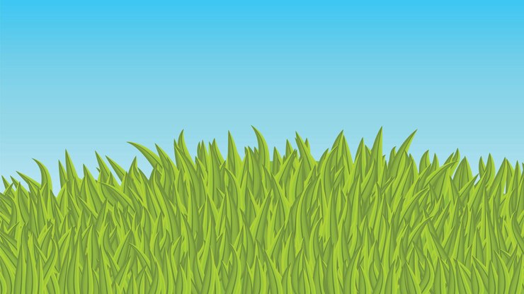 Vecteur journée d'été ensoleillée sur le pré avec de l'herbe avec un ciel bleu nuageux. ambiance sereine, bonheur.