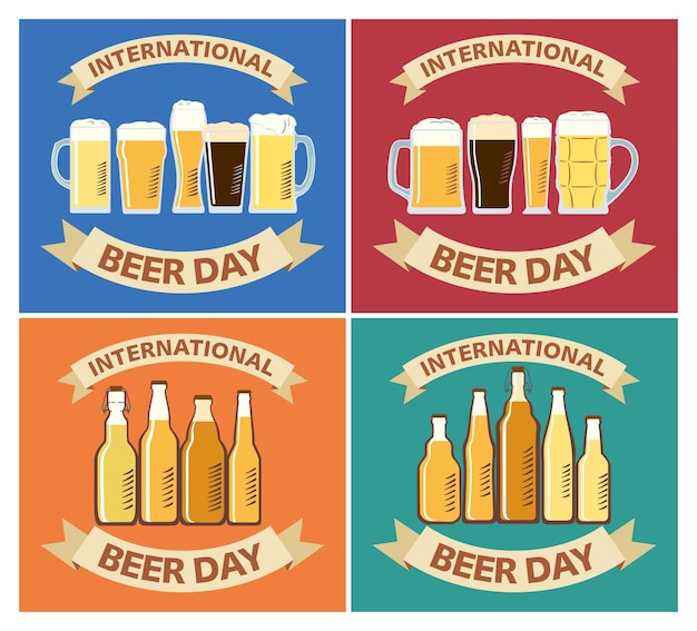 Journée internationale de la bière Ensemble de cartes de vœux Différents types de bière sur fond coloré
