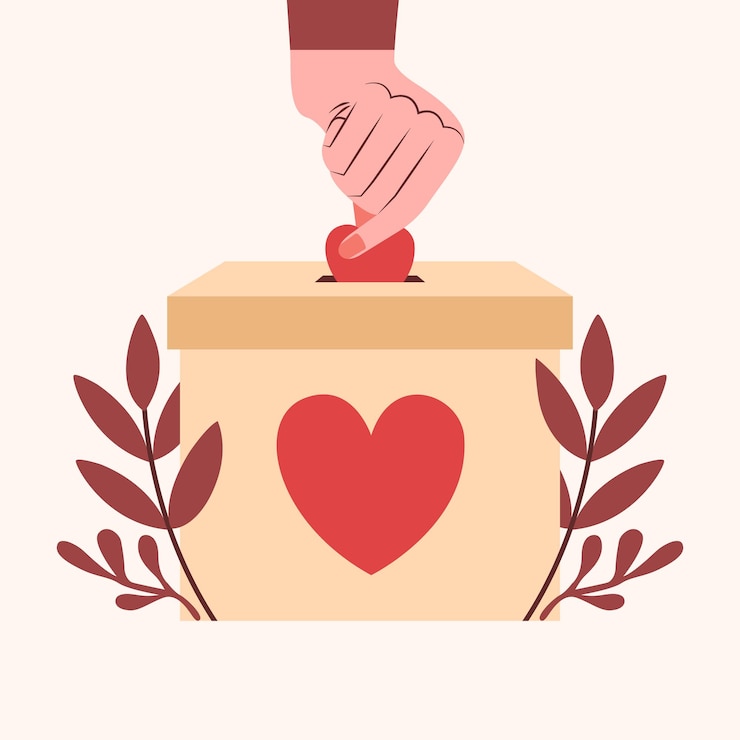 Vecteur journée internationale de la charité. la main met le cœur dans la boîte de dons. illustration moderne avec boîte.