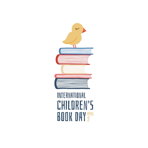 Journée Internationale Du Livre Jeunesse. Pile De Bouquins. Une Pile De Livres Et Un Oiseau Dessus.