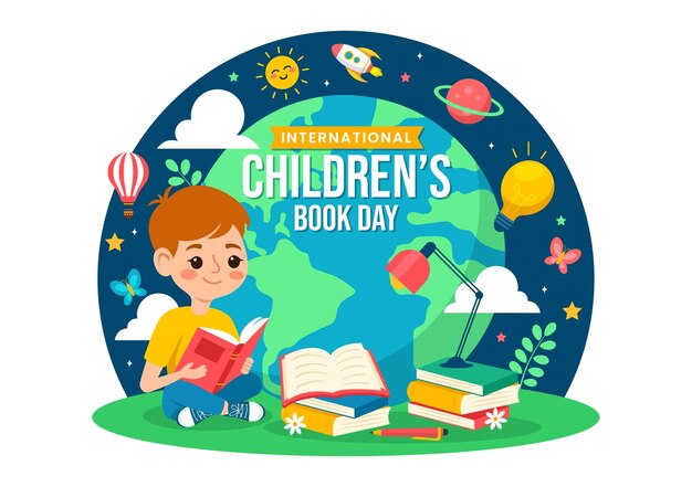 Vecteur journée internationale du livre pour enfants illustration vectorielle le 2 avril avec des enfants lisant des livres et un globe