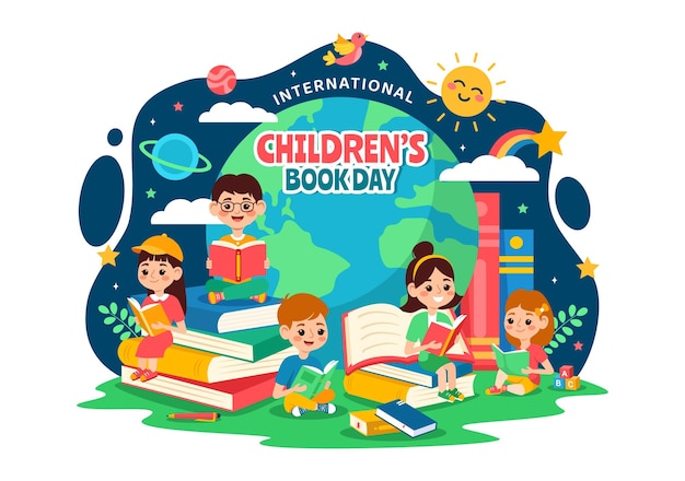 Vecteur journée internationale du livre pour enfants illustration vectorielle le 2 avril avec des enfants lisant des livres et un globe