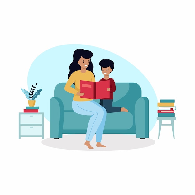 Journée Internationale Du Livre Pour Enfants. Une Mère Lit Un Livre à Un Enfant. Famille à L'intérieur De La Maison. Illustration Vectorielle Avec Des Gens Dans Un Style Plat.