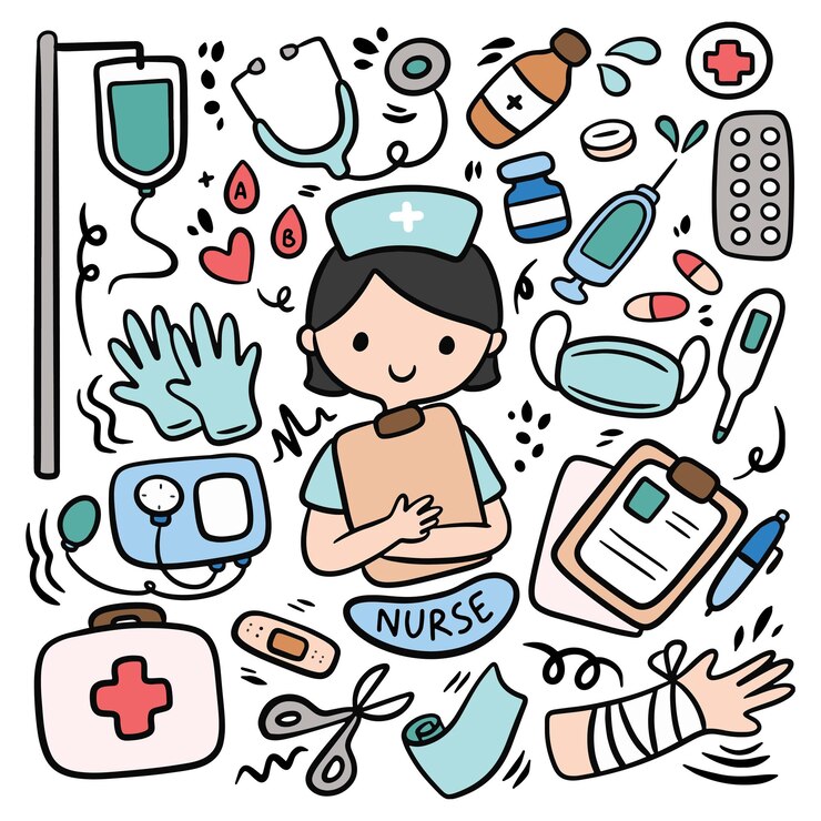 Journée internationale des infirmières Doodle matériel médical dessiné à la main Clip Art Illustration vectorielle