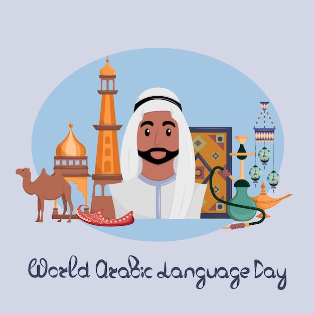 Journée Internationale De La Langue Arabe 18 Décembre Apprendre Les Attributs Arabes De La Culture Islamique Illustration Vectorielle Dans Un Style Plat Sur Fond Vert
