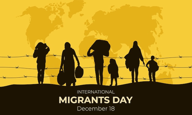 Journée internationale des migrantsBannière horizontale avec silhouettes de migrantsIllustration vectorielle