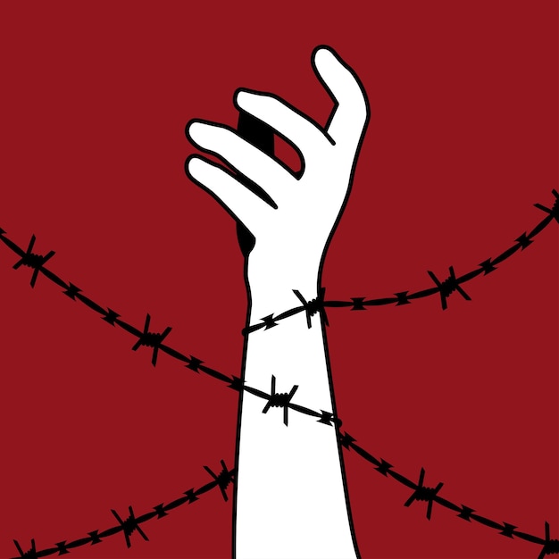 Journée internationale pour l'abolition de l'esclavage La main est enveloppée de fil de fer barbelé