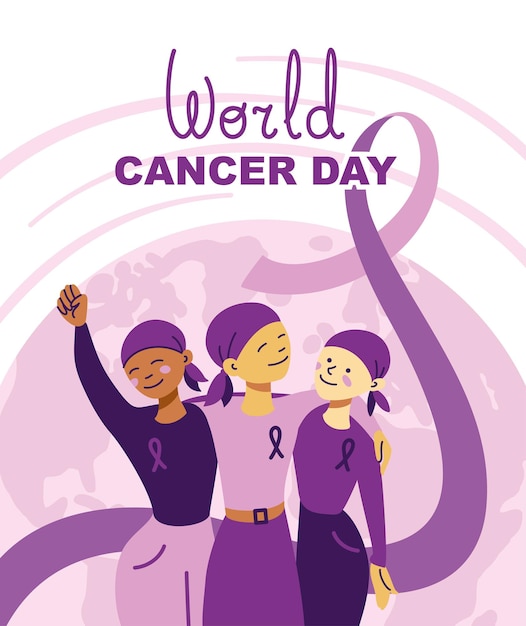 Vecteur journée mondiale du cancer groupe de personnes se soutenant mutuellement dans la lutte contre le cancer bannière