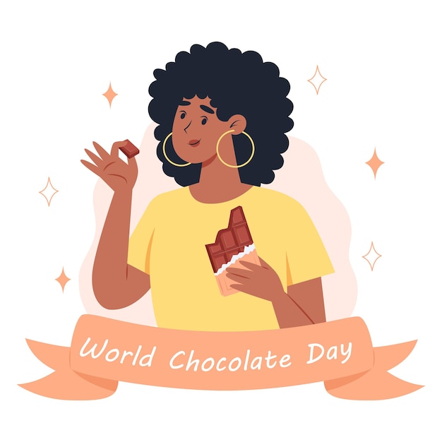 Vecteur journée mondiale du chocolat une jeune femme mangeant une barre de chocolat