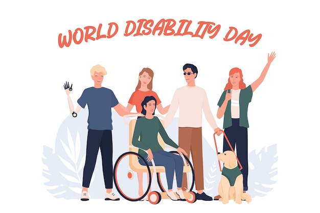 Journée mondiale du handicap. Personnes handicapées debout ensemble. Personnes avec prothèse et en fauteuil roulant, sourdes-muettes et aveugles.