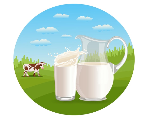 Vecteur journée mondiale du lait une cruche et un verre de lait sur le fond d'un paysage avec une bannière de vache