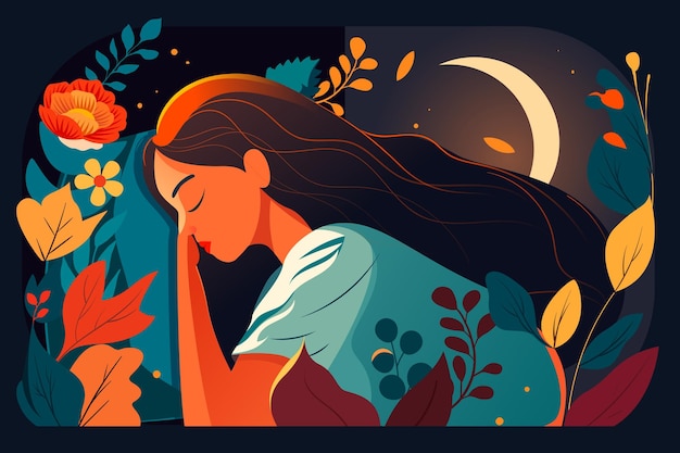 Journée mondiale du sommeil fille dormant dans son lit avec des fleurs et des plantes dans l'illustration vectorielle de fond