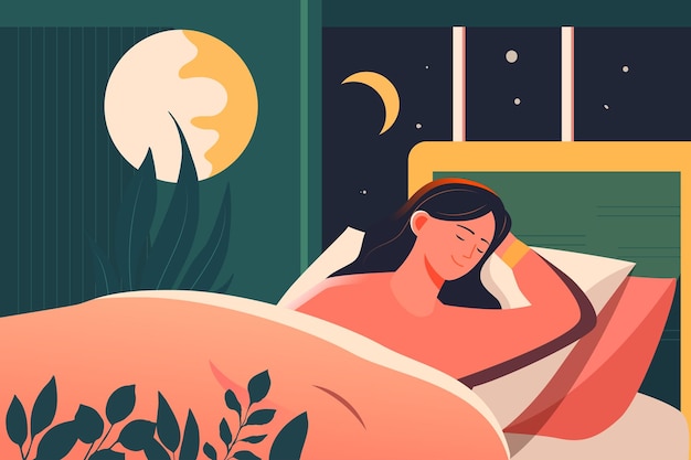 Journée Mondiale Du Sommeil Fille Dormant Dans Son Lit Avec Des Fleurs Et Des Plantes Dans L'illustration Vectorielle De Fond