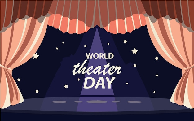 Journée mondiale du théâtre 27 mars carte de vœux conceptuelle avec rideau et scène avec rideau de velours rouge